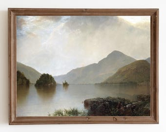 Vintage Lake Painting: Rustic Landscape Art Print (Digital Print)