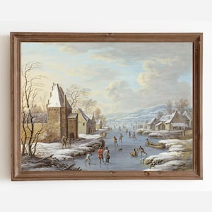 Vintage Ice Skating Painting, Winter Village Holiday Decor Digital Download