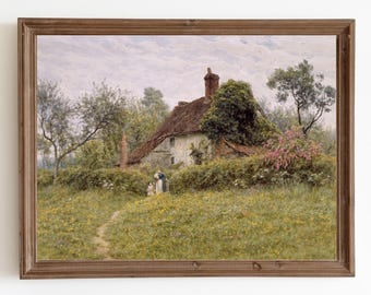 Vintage Cottage Painting, Country Landscape Print, Antique Garden Decor, English Cottage, Country Farmhouse, Printable Art