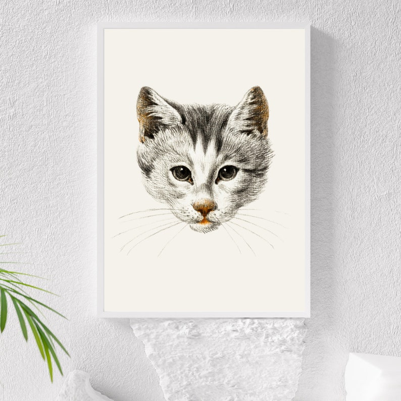 May include: A black and white illustration of a cat's face with a light gray background.