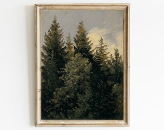 Vintage bosschilderij: rustieke dennenboomlandschapskunst (digitale print)