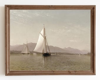 Pintura de velero vintage: paisaje marino náutico en tonos apagados (descarga digital)