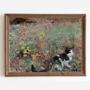 Cat Painting Vintage, Cat Portrait, Flowers Landscape Painting, Animal Art Print, Vintage Print, Cat Wall Art, Cat Lover Gift, Printable Art