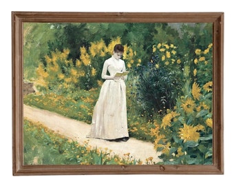 Vintage Woman Reading in Garden Art Print (Digital Download)