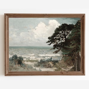 Rustic Coastal Painting, Vintage Seascape Print, Beach Landscape Oil Painting, Digital Printable Art