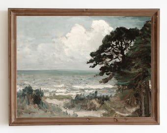 Rustikale Küstenmalerei, Vintage Meereslandschaft Druck, Strandlandschaft Ölgemälde, digitale druckbare Kunst