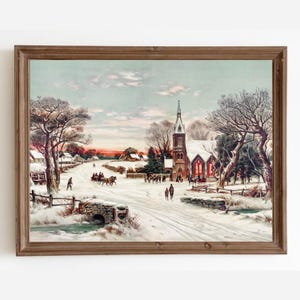 Vintage Christmas Village Painting, Winter Snow Landscape Digital Download