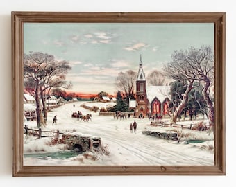 Village de Noël vintage peinture, paysage de neige d'hiver téléchargement numérique