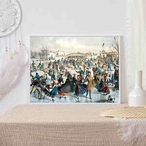 May include: A vintage illustration depicting a winter scene with people ice skating on a frozen lake. The scene is set in a park with trees and a bridge in the background. The people are dressed in warm clothing and are enjoying the winter weather.
