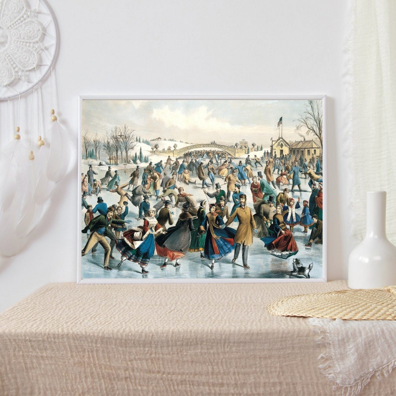 May include: A vintage illustration depicting a winter scene with people ice skating on a frozen lake. The scene is set in a park with trees and a bridge in the background. The people are dressed in warm clothing and are enjoying the winter weather.