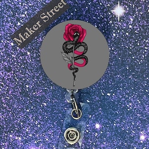 Snake on a Rose Badge Reel or Pin - Free Shipping