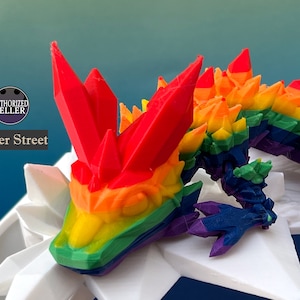 ROYGBIV - LGBTQ Flag Colors - Flexible Articulated Baby Crystal Dragon - 3d Printed - Free Shipping - Made in the USA