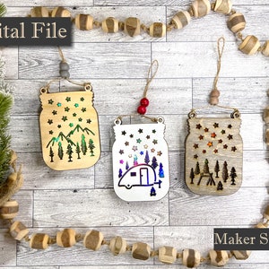 Digital File for Laser Cutting - Christmas Ornament Jar with Lights - Camping Mountains and Stars