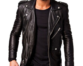 Men Genuine Lambskin Leather Motorcycle Slim fit Jacket Bomber Biker Jacket