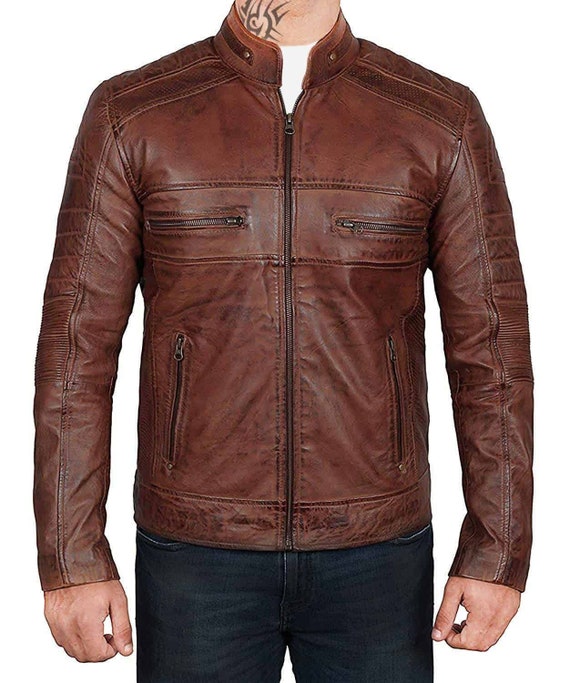 Men Brown Retro Distressed Cafe Racer Biker Real Leather | Etsy