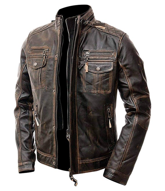 Men Cafe Racer Slim fit Distressed Brown Biker Real Leather | Etsy