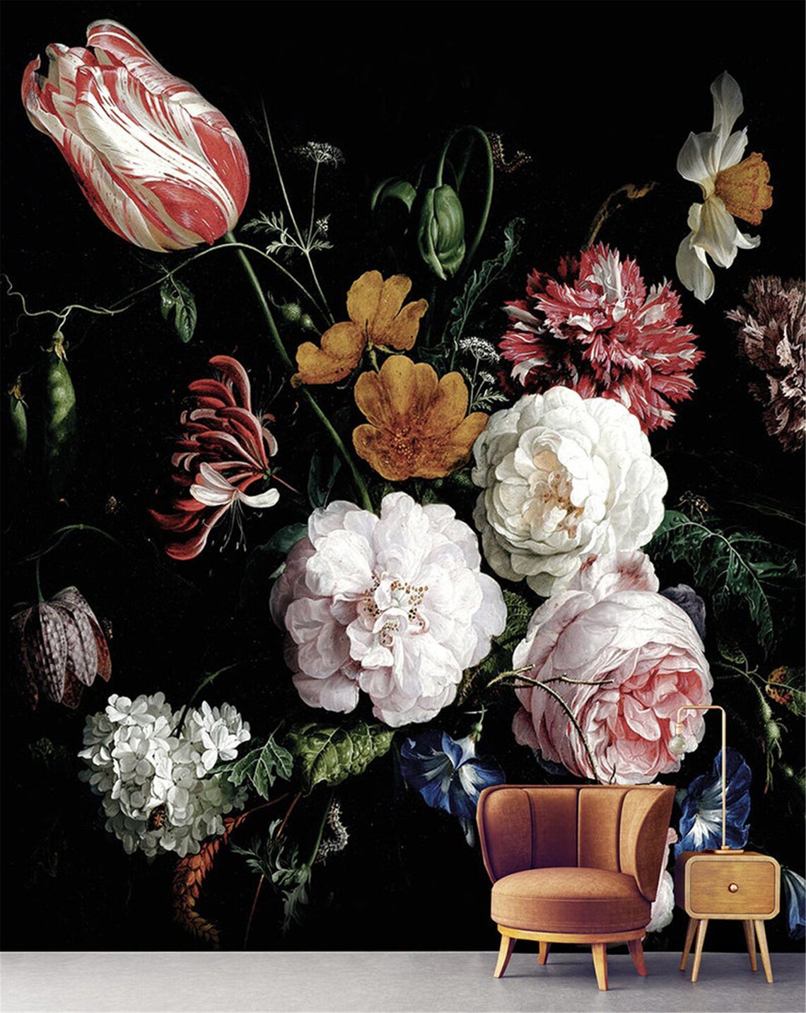 Dark Floral Stick Wallpaper Flowers Wall Cloth Wall Mural Etsy