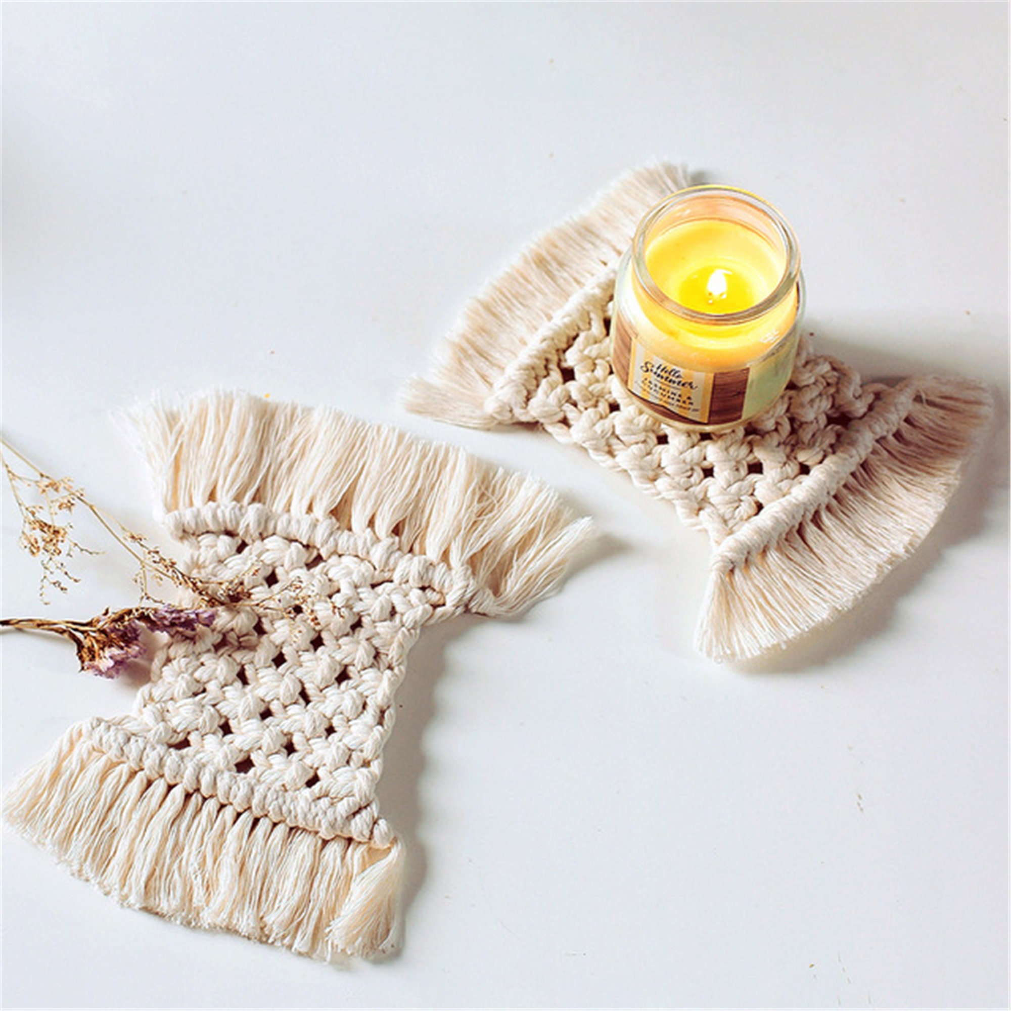 Handmade Cotton Linen Rope Coaster Boho Dining Table Insulation Mat Tassel Coffee Coasters, Bohemia,