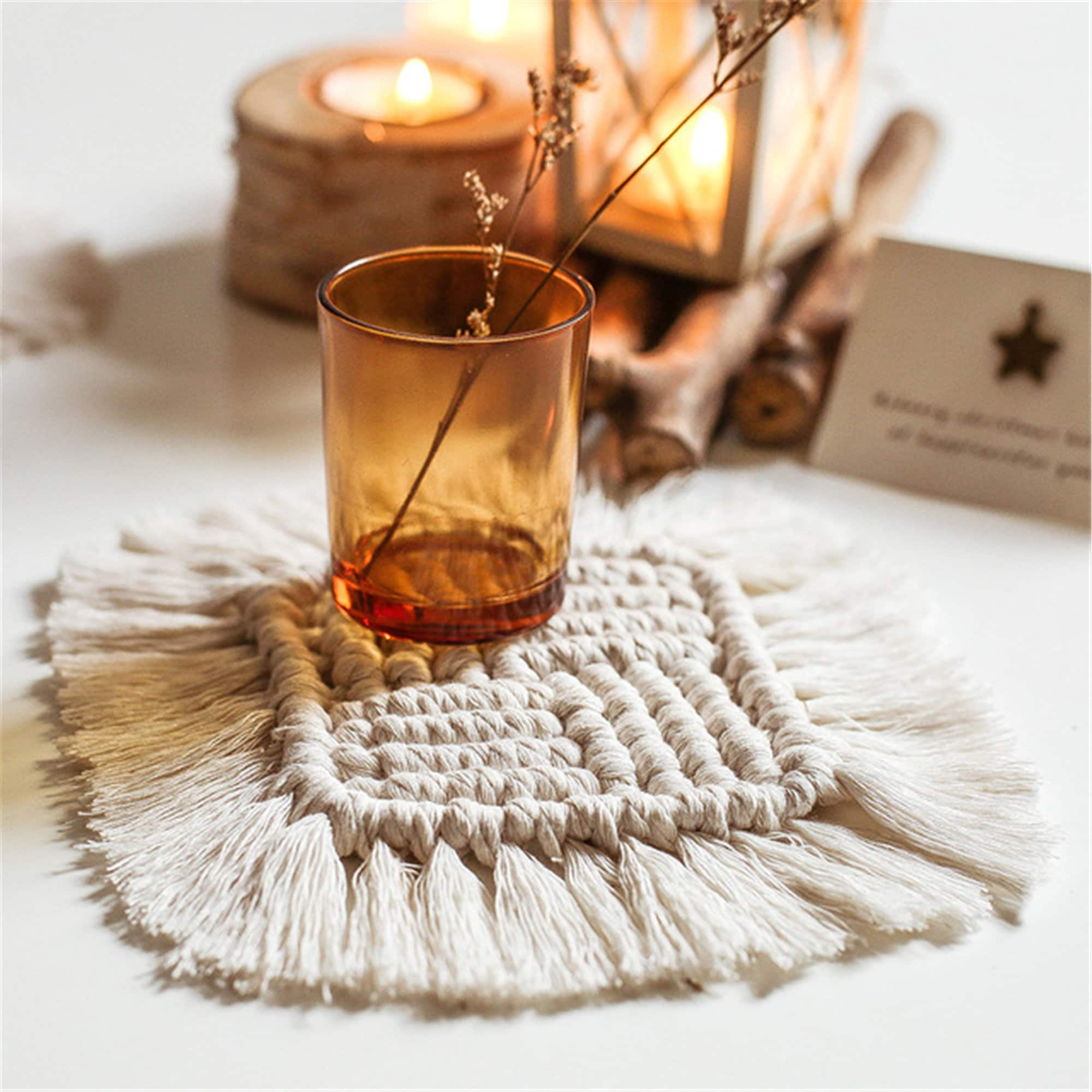 Handmade Cotton Linen Rope Coaster Boho Dining Table Insulation Mat Tassel Coffee Coasters, Decorati