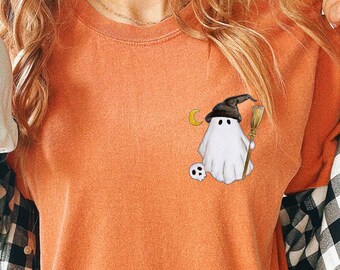 Camiseta de bruja fantasma, regalo de Halloween, linda camiseta de fantasma, camiseta de temporada espeluznante, camiseta de Halloween para mujer, camiseta de temporada de calabaza