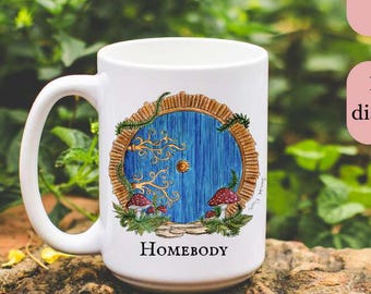 Round door mug Tolkien fan art homebody mug reading gift nerdy fan gift fellowship bookish gift blue fairy door cottagecore gift coffee gift