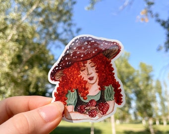 Mushroom girl sticker, Cottagecore sticker, laptop waterbottle sticker, vinyl decals, fairycore mushroomcore aesthetic, red mushroom sticker