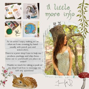 May include: An artistic display featuring watercolor illustrations of animals, fantasy scenes, and a Hobbit door. The image includes a woman in a floral dress, a deer illustration, and text that reads "A little more info."