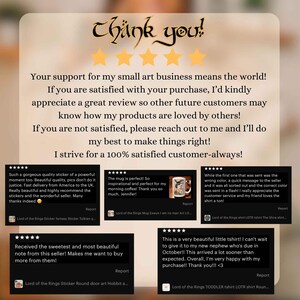 May include: Image features a handwritten "Thank you!" message with gold stars. Below, customer reviews praise product quality, fast shipping, and excellent customer service. The reviews mention stickers, mugs, and t-shirts.