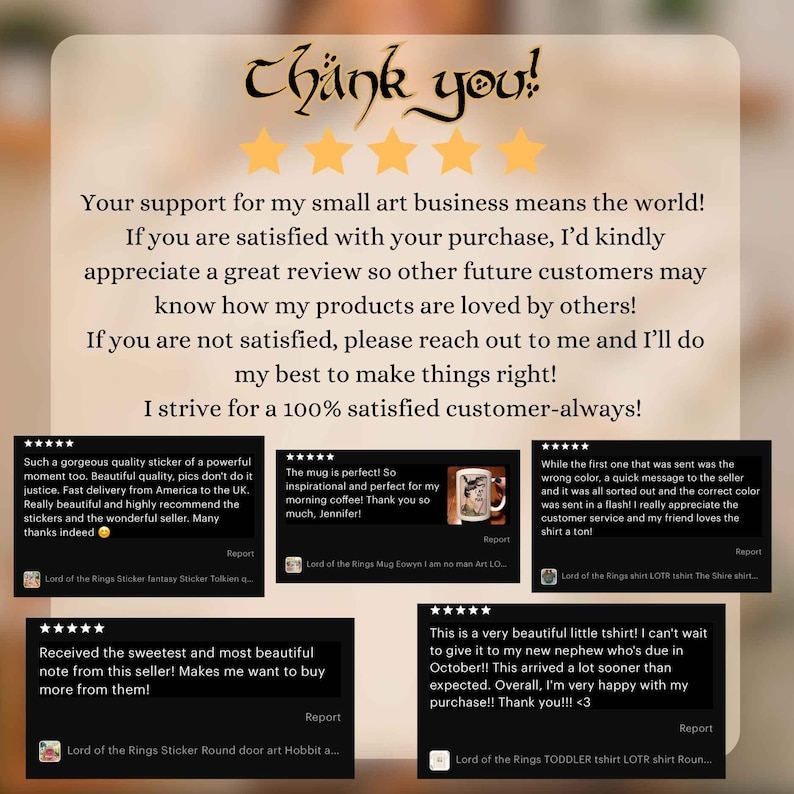 May include: Image features a handwritten "Thank you!" message with gold stars. Below, customer reviews praise product quality, fast shipping, and excellent customer service. The reviews mention stickers, mugs, and t-shirts.
