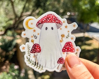 Mushroom Ghost Sticker fantasy Sticker Halloween sticker red mushroom art cute ghost sticker Booklover Cottage core sticker red mushroom art