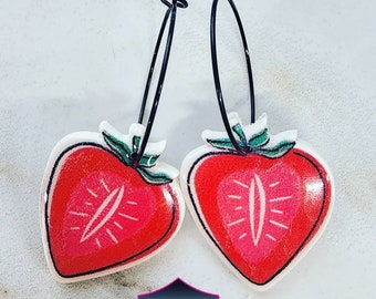 Strawberry Hoop Earrings Clay Handmade Earrings Gift for Her Fruit Earrings