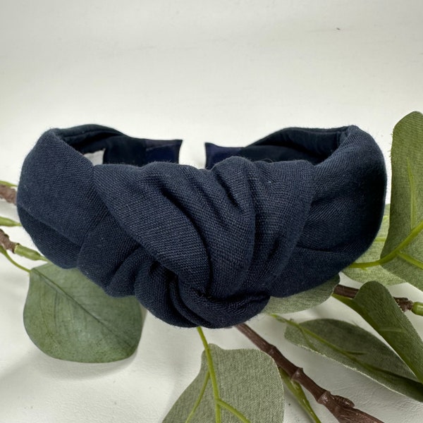 Navy Linen Knot Headband: Handmade Hair Accessory