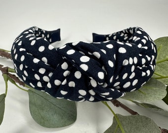 Dark Navy Polka Dot Linen Knot Headband - Handmade Alice Band