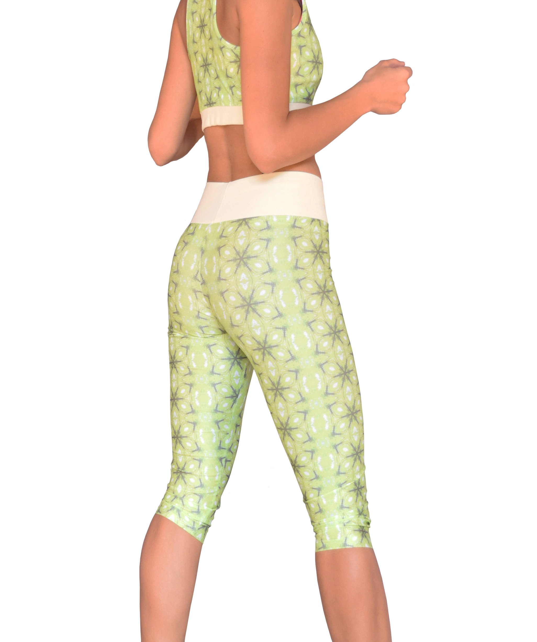 Light Green Floral Leggings/ Recycled Yoga Pants/ Highwaisted Etsy