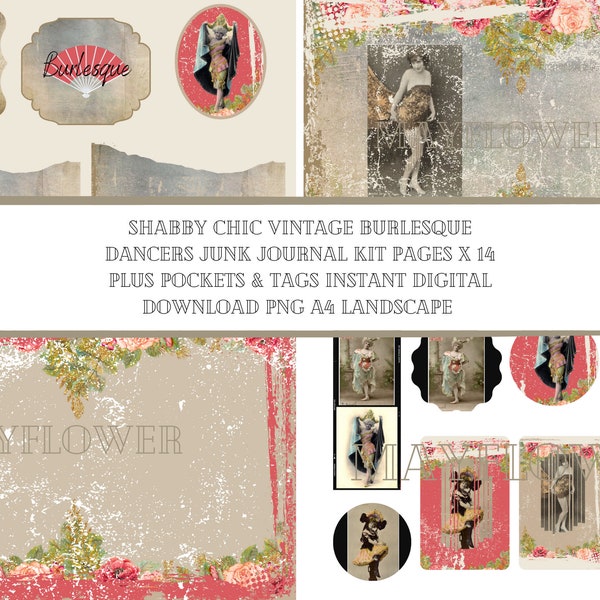Vintage Burlesque Dancers Shabby Chic Digital Download Junk Journal Kit Pages x 14 Plus Tags & Pockets PNG High Quality Images