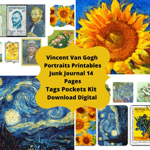 Vincent Van Gogh  Instant Digital Download Junk Journal Kit  Pages Printables A4 Landscape Pages x 14 Portraits Starry Night Sunflowers