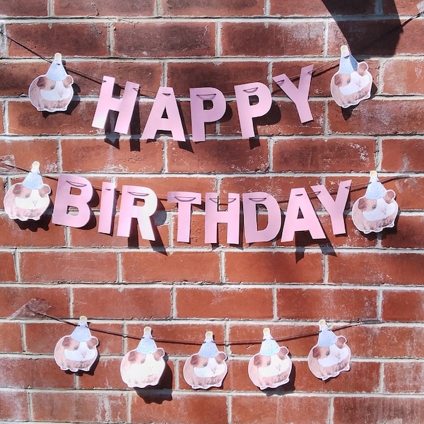 Guinea Pig Birthday Party Bunting Wall Banner Happy Birthday Decoration Pink Digital Download Printable DIY Cut Out
