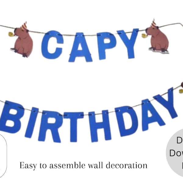 Capy Birthday Banner Bunting Digital Download Capybara Party Wall Decoration DIY Cut Out Blue Letters