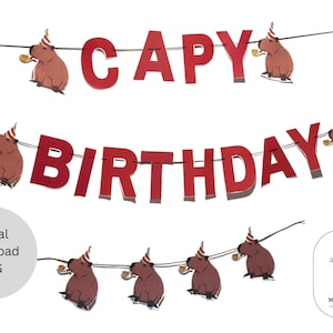 Capy Birthday Banner Bunting Pink Letters Cute Capybara Digital Download Cut Out DIY Party Wall Decoration