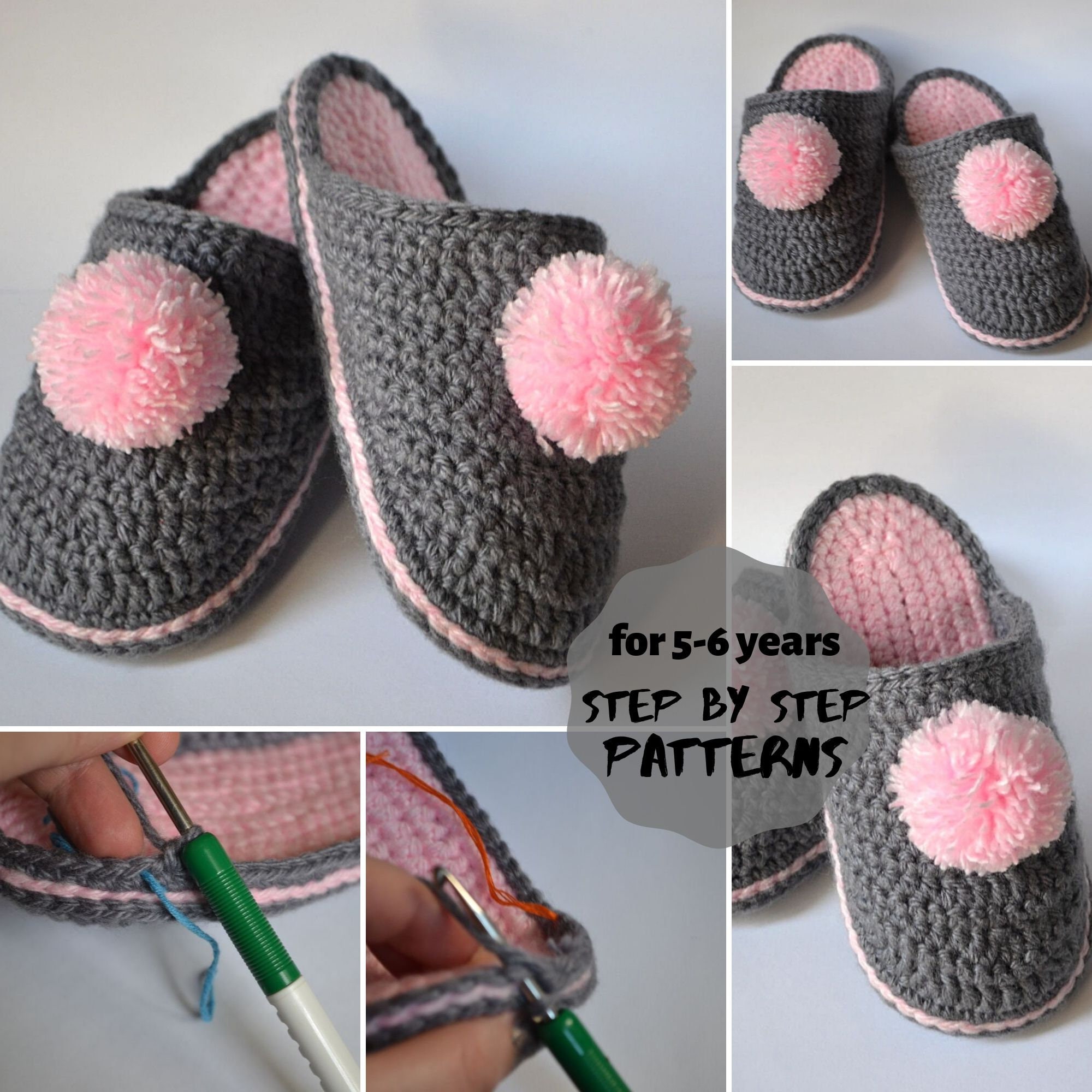 House slippers crochet patterns for kids 5-6 years | Etsy