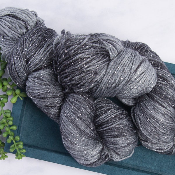 Starry Night, Sparkle Sock Fingering Weight Yarn - Grey and Black Tonal, Variegated, Hand dyed Superwash Merino and Nylon blend