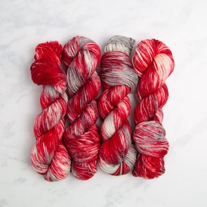 Redbird, Worsted Weight Yarn - Variegated cardinal red and grey, Hand dyed 100% superwash Merino Wool