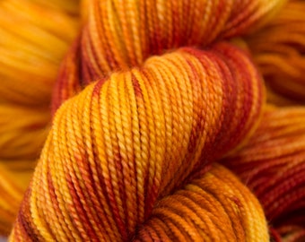 Campfire - Deluxe Sock Fingering Weight Yarn - red, orange and gold, Hand dyed Superwash Merino and Nylon blend