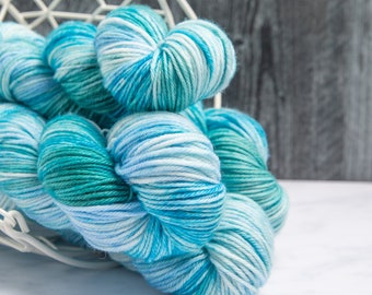 SeaFoam, Worsted Weight Yarn - Beautiful, variegated tones of blues and pale greens, Hand dyed 100% Superwash Merino Wool
