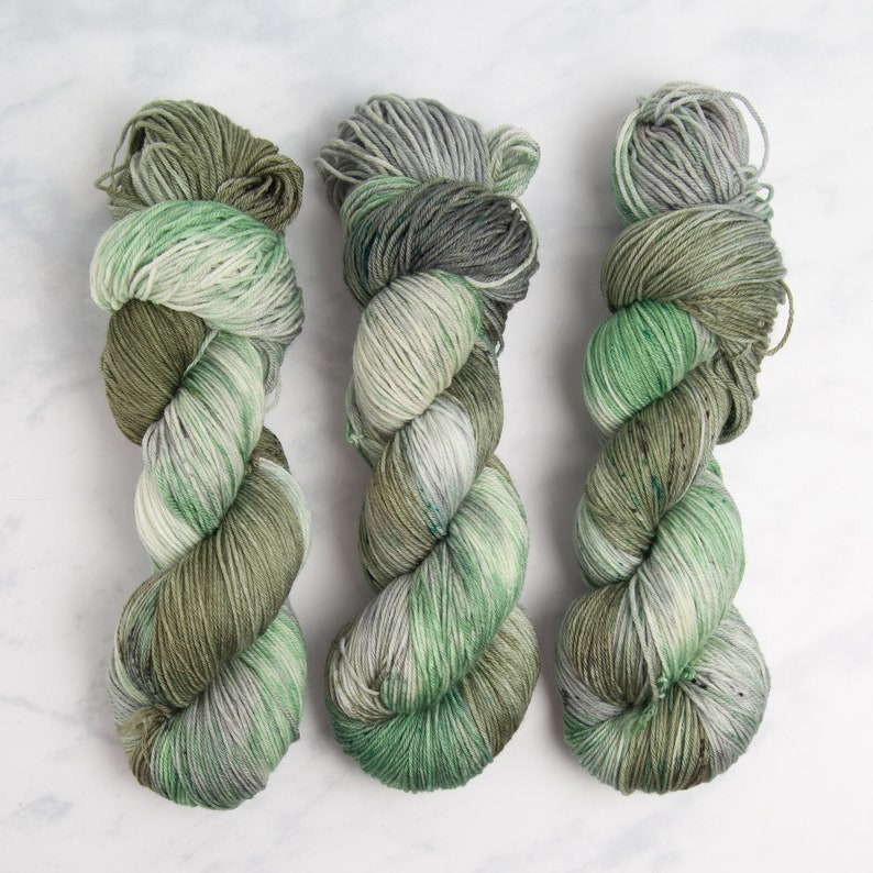 Misty Isle, Sock Fingering Weight Yarn Muted greens and greys variegated speckled Hand dyed 100% Superwash Merino image 2