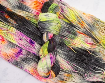 80s Dance Party Worsted Weight Yarn - black neon yellow pink orange Variegated, Hand dyed 100% Superwash Merino Wool