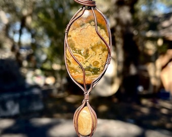 Copper in Rhyolite over Petrified Wood Wrapped in Oxidized Copper Pendant
