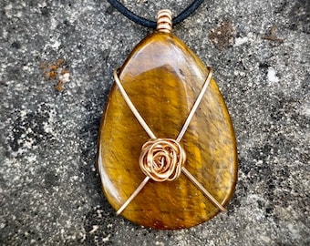 Tiger's Eye and Bronze with Rose Accent Pendant