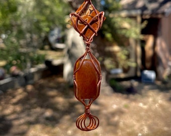 Indian Paint Stone over Sunstone Wrapped in Copper Pendant
