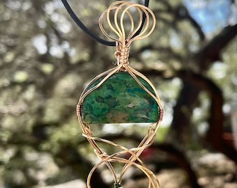 Bronze Wrapped Parrot Wing Chrysocolla Pendant